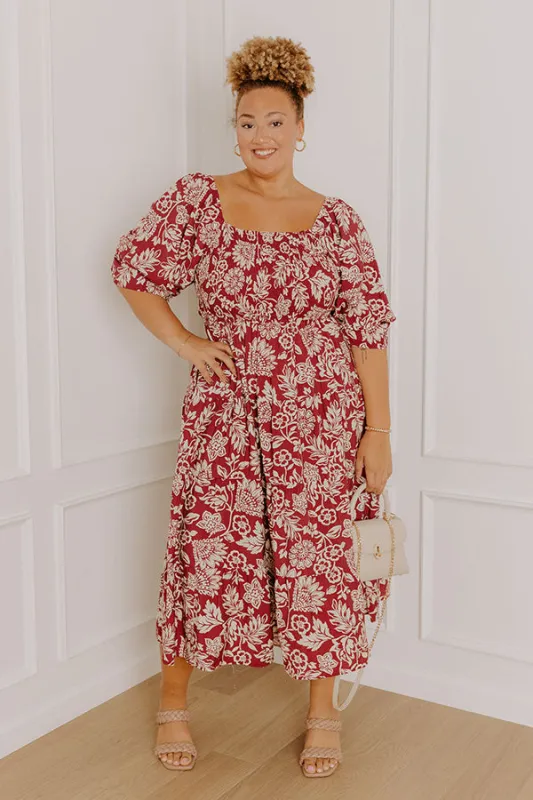 Mystic Garden Floral Smocked Midi Dress in Sangria Curves sold by Impressions