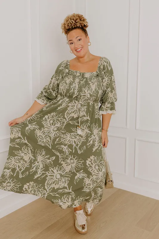 Sunflower Fields Smocked Midi Dress in Olive Curves sold by Impressions