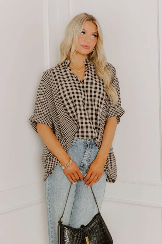 Charming Views Oversized Gingham Top in Warm Taupe sold by Impressions