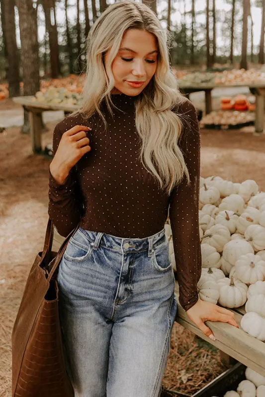 Subtle Shine Embellished Mesh Top in Chestnut sold by Impressions