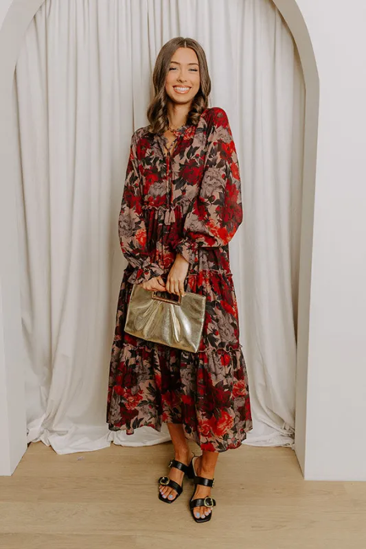 Oak Grove Tiered Floral Midi Dress in Mocha sold by Impressions