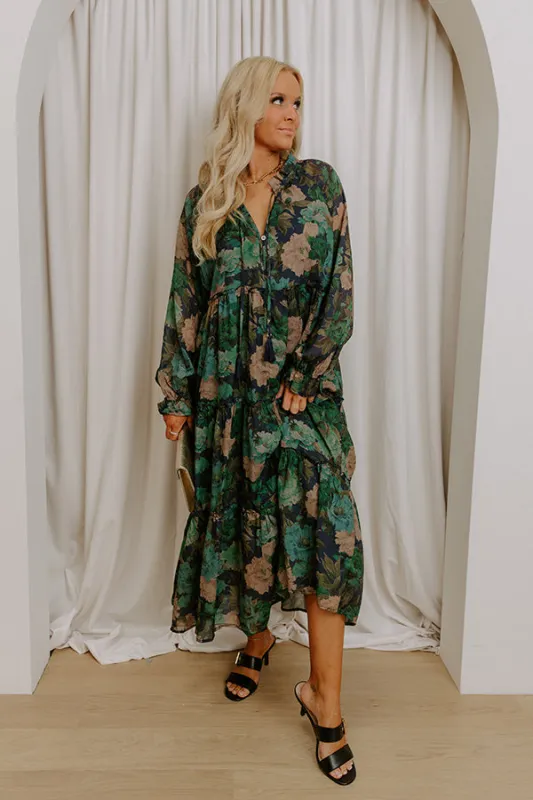 Oak Grove Tiered Floral Midi Dress in Navy sold by Impressions