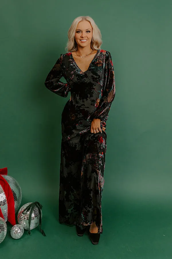 Poised Romance Floral Velvet Burnout Maxi Dress in Black sold by Impressions