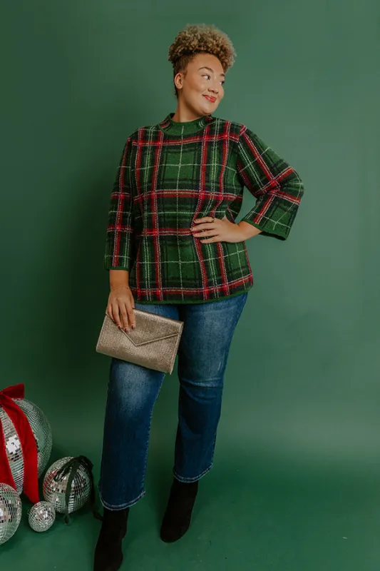 Full Of Cheer Plaid Knit Sweater in Green Curves sold by Impressions
