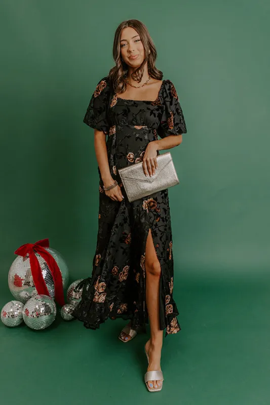 Brownstone Bliss Velvet Burnout Maxi Dress in Black sold by Impressions