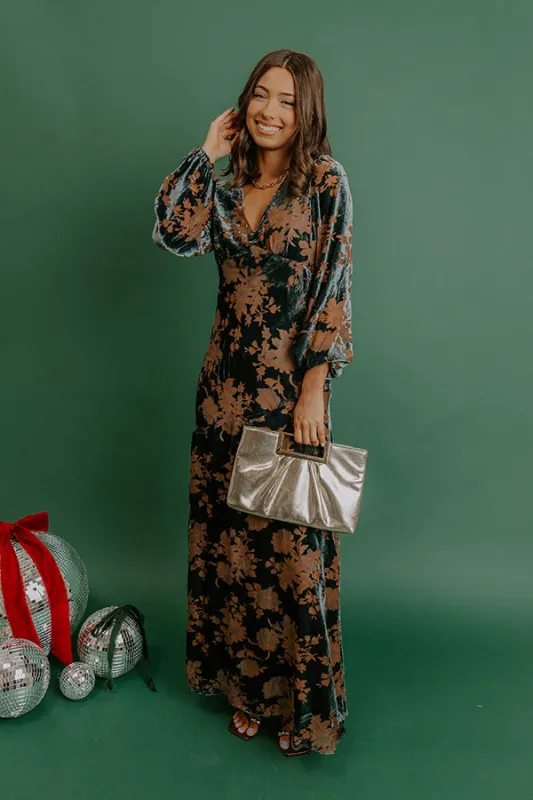 Poised Romance Floral Velvet Burnout Maxi Dress in Slate sold by Impressions