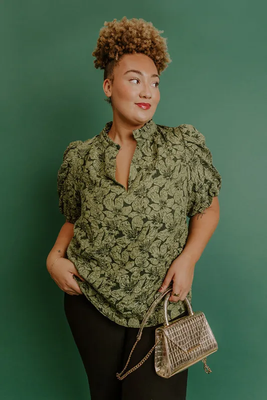Holiday Party Jacquard Top in Olive Curves sold by Impressions