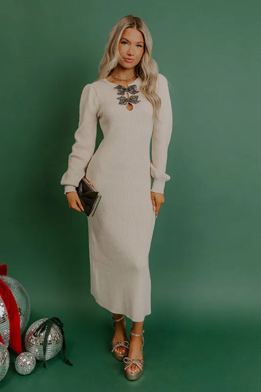 Darling Detail Knit Sweater Midi Dress in Oatmeal sold by Impressions