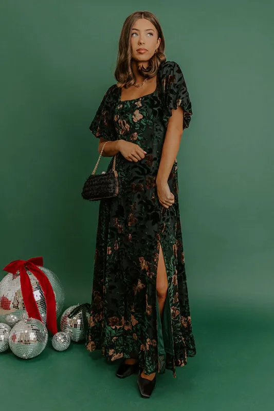 Brownstone Bliss Velvet Burnout Maxi Dress in Green sold by Impressions