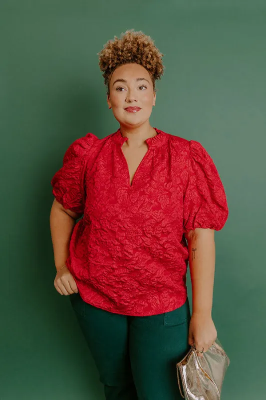 Holiday Party Jacquard Top in Red Curves sold by Impressions