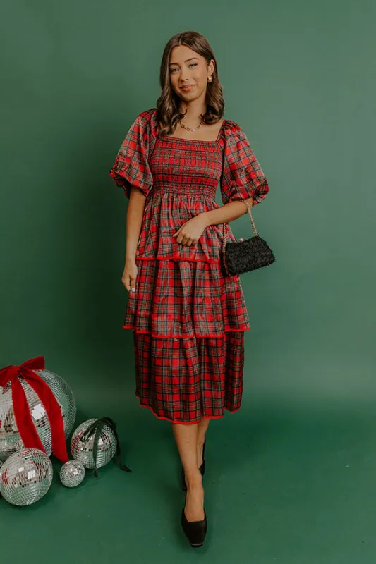 Plaid and Promises Satin Tiered Midi Dress sold by Impressions