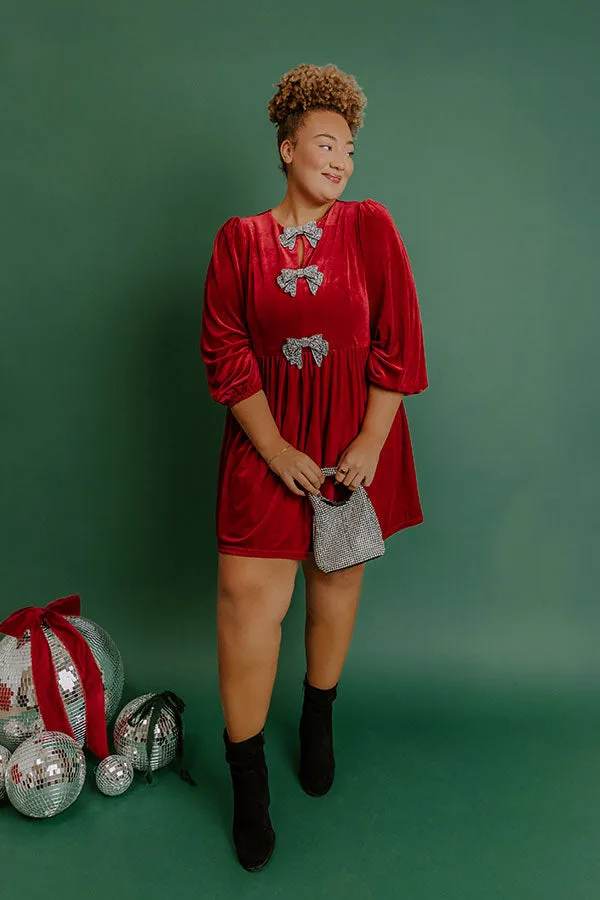 Bows And Kisses Velvet Mini Dress in Crimson Curves sold by Impressions