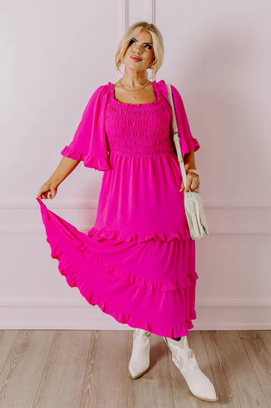 Toes In The Sand Smocked Midi in Hot Pink Curves sold by Impressions