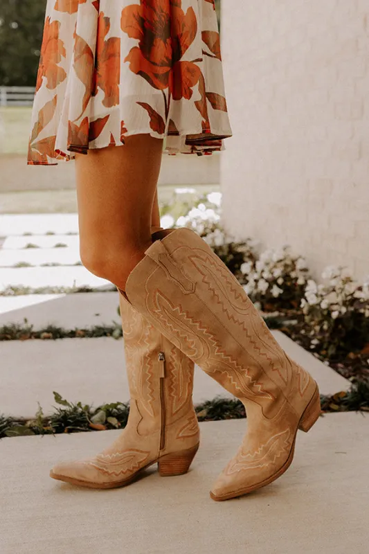 The Tess Faux Suede Cowboy Boot in Iced Latte sold by Impressions