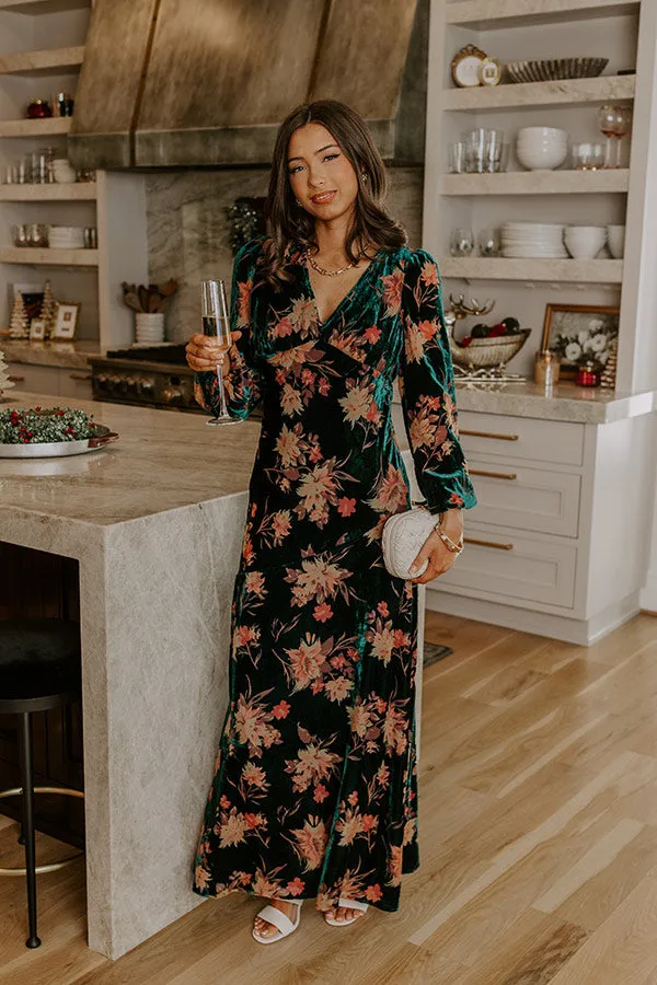 Poised Romance Floral Velvet Burnout Maxi Dress in Forest sold by Impressions