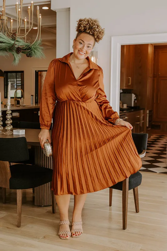 Evening Glow Pleated Satin Midi Dress in Cinnamon Curves sold by Impressions