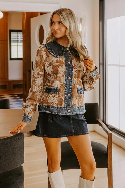Central Park Leaves Jacquard Denim Jacket in Chocolate sold by Impressions