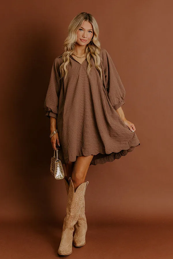 Dinner in Soho Scalloped Mini Dress in Mocha sold by Impressions
