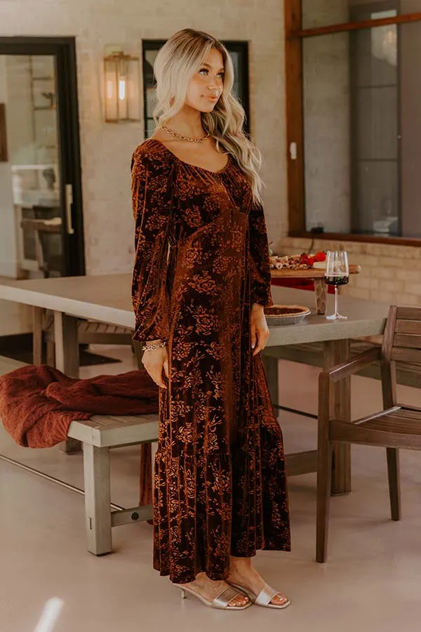 Champagne Toast Floral Velvet Maxi Dress in Chocolate sold by Impressions product image thumbnail 5