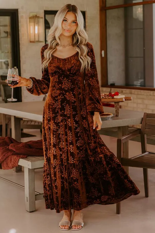 Champagne Toast Floral Velvet Maxi Dress in Chocolate sold by Impressions