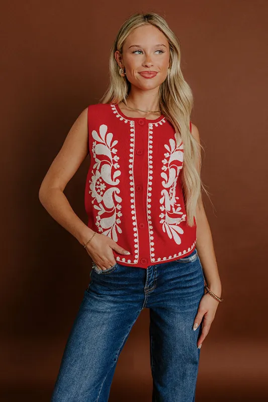 Botanical Charm Embroidered Vest Top in Red sold by Impressions