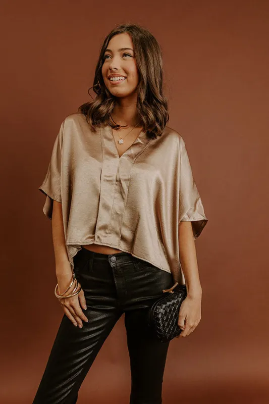 High Society Chic Satin Top in Taupe sold by Impressions