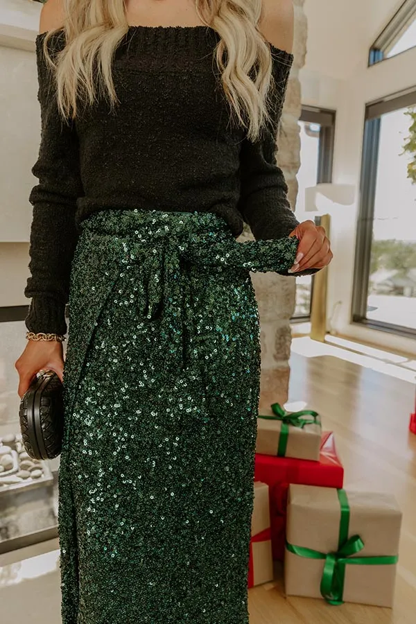 Shimmering Smile High Waist Sequin Wrap Maxi Skirt in Hunter Green sold by Impressions product image thumbnail 4