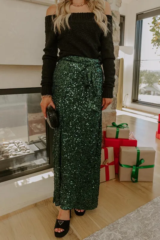 Shimmering Smile High Waist Sequin Wrap Maxi Skirt in Hunter Green sold by Impressions