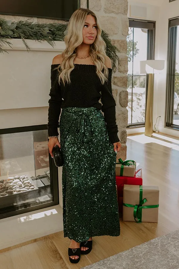 Shimmering Smile High Waist Sequin Wrap Maxi Skirt in Hunter Green sold by Impressions product image thumbnail 2
