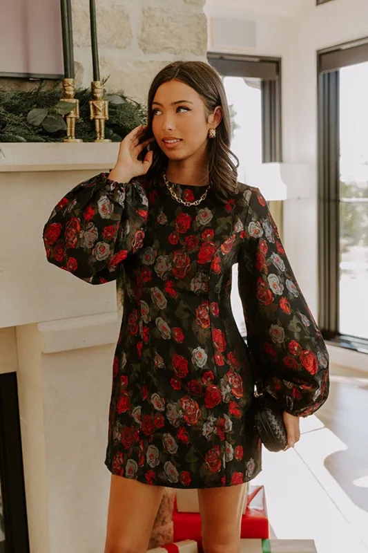 Moonlit Rose Garden Jacquard Mini Dress in Black sold by Impressions