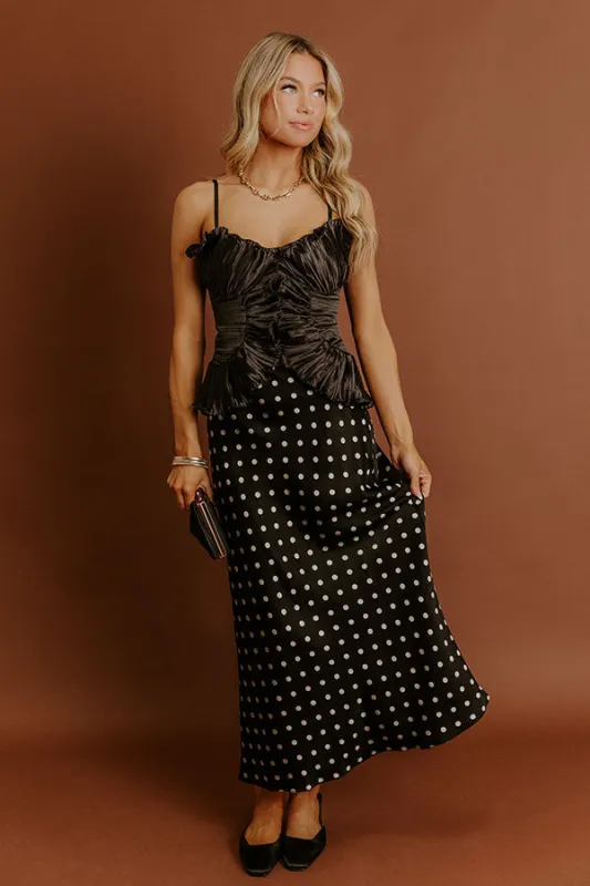 Right On Cue Satin Polka Dot Midi Skirt sold by Impressions