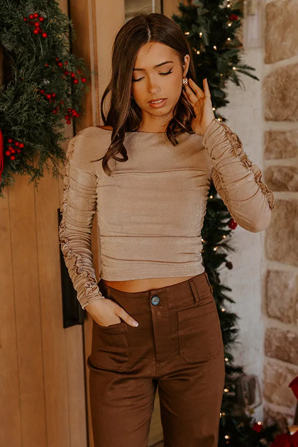 RSVP Ready Ruched Off Shoulder Top in Warm Taupe sold by Impressions product image thumbnail 3