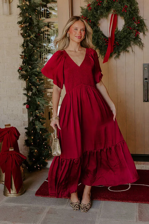 Storybook Charm Smocked Satin Midi Dress in Wine sold by Impressions