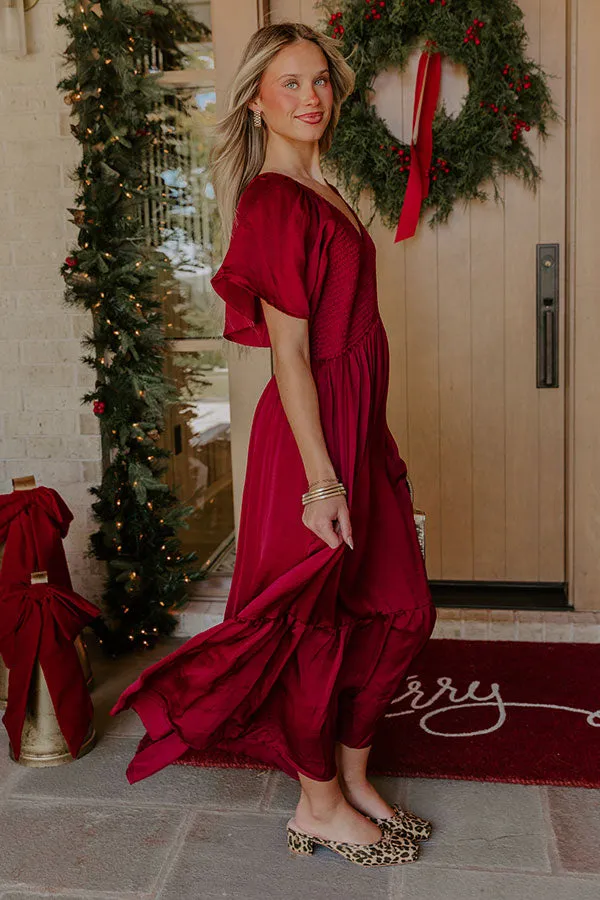 Storybook Charm Smocked Satin Midi Dress in Wine sold by Impressions product image thumbnail 5