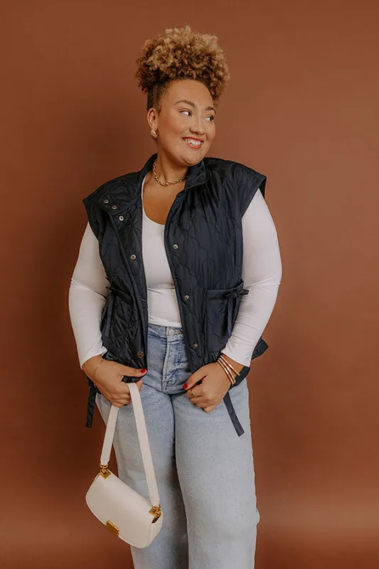 Cabin Mornings Quilted Vest in Navy Curves sold by Impressions