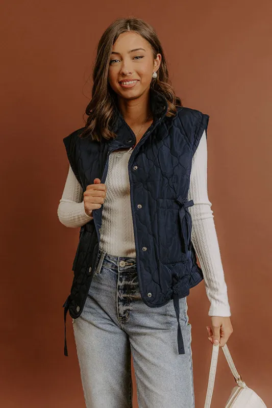 Cabin Mornings Quilted Vest in Navy sold by Impressions