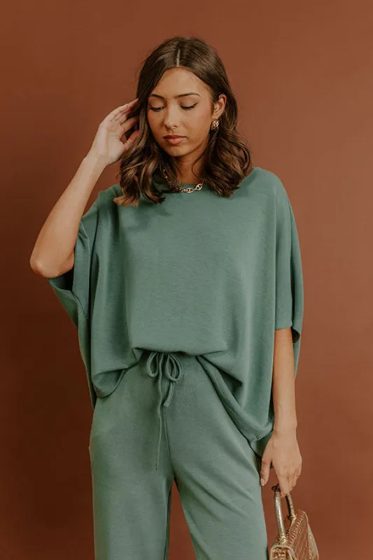 Cozy Cues Oversized Scuba Tee in Light Hunter Green sold by Impressions
