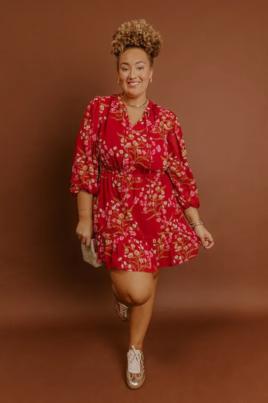 Luxury Excursions Floral Mini Dress in Red Curves sold by Impressions