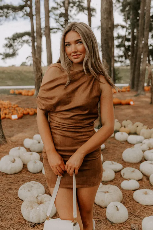 City Nights Faux Suede Asymmetrical Mini Dress in Camel sold by Impressions