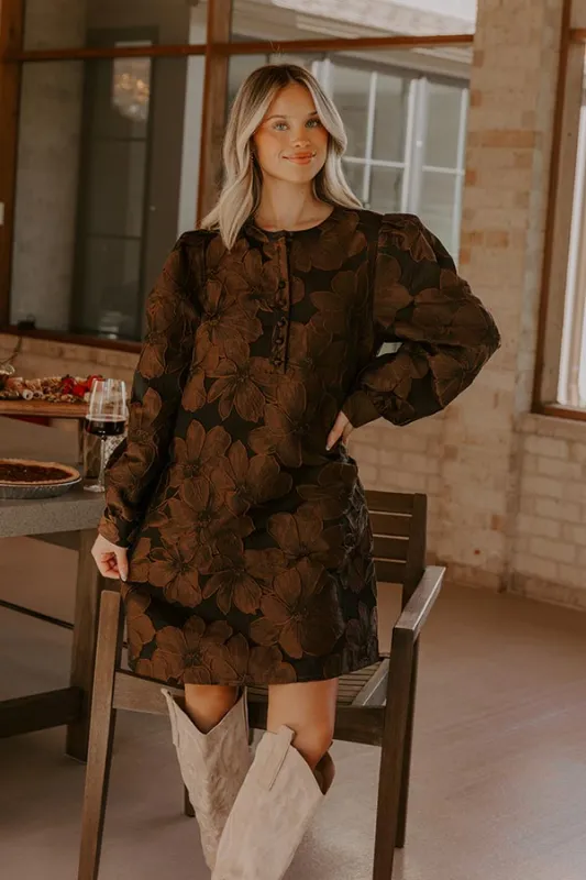 Timeless Treasures Floral Jacquard Mini Dress in Chocolate sold by Impressions