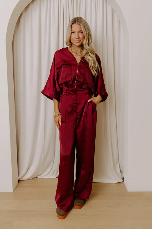 Perfectly Polished High Waist Satin Wide Leg Pants in Merlot sold by Impressions