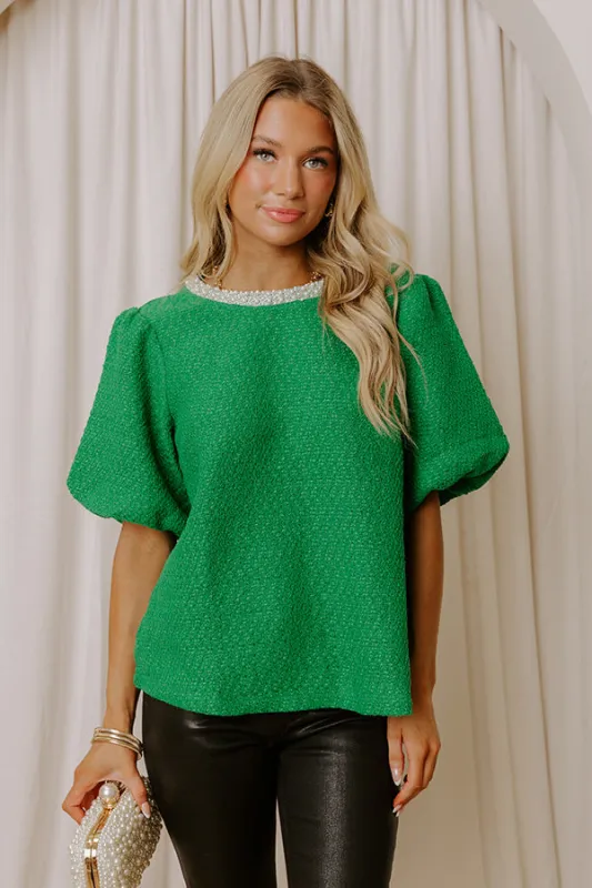 Wrapped in Tweed Pearl Embellished Top in Kelly Green sold by Impressions