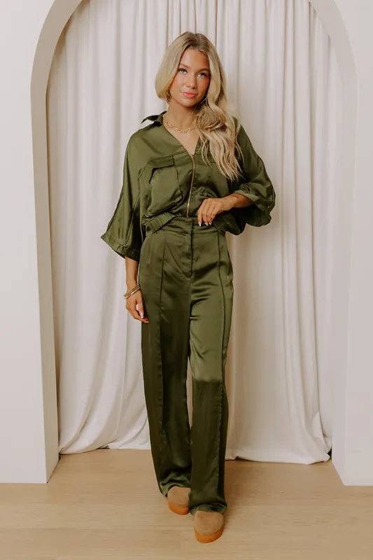 Perfectly Polished High Waist Satin Wide Leg Pants in Olive sold by Impressions