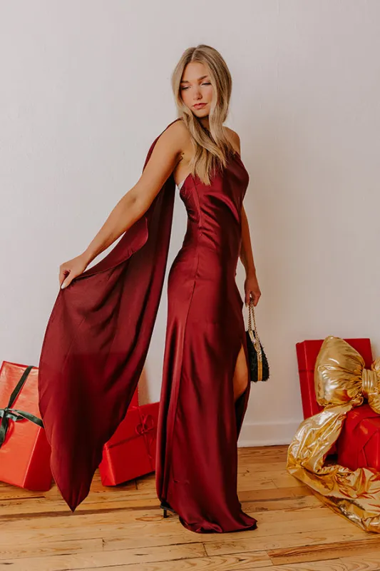 Glam Agenda Satin Asymmetrical Halter Drape Scarf Maxi Dress sold by Impressions