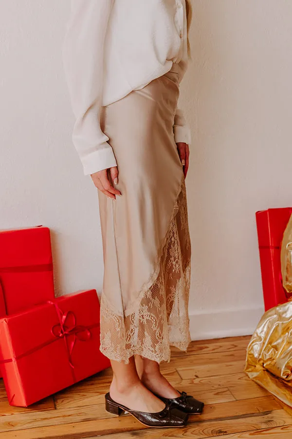 Femme Fatale High Waist Satin Lace Midi Skirt in Beige sold by Impressions product image thumbnail 3