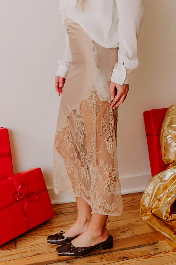 Femme Fatale High Waist Satin Lace Midi Skirt in Beige sold by Impressions product image thumbnail 4
