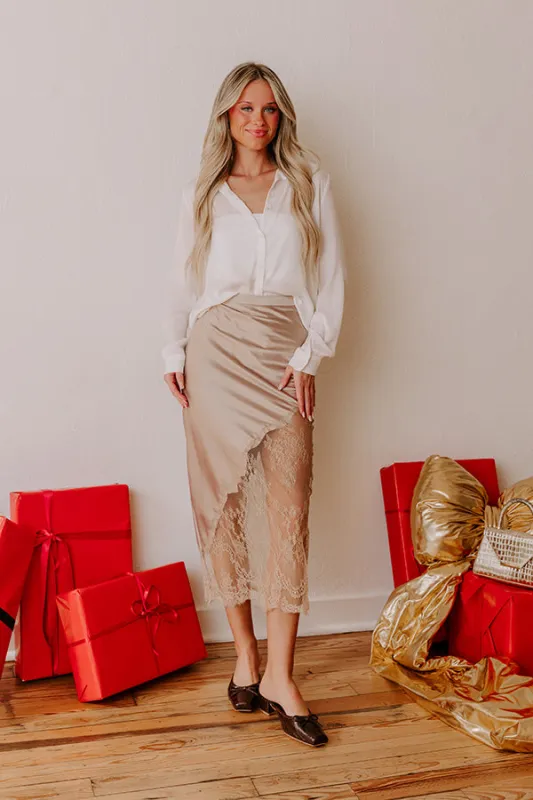 Femme Fatale High Waist Satin Lace Midi Skirt in Beige sold by Impressions