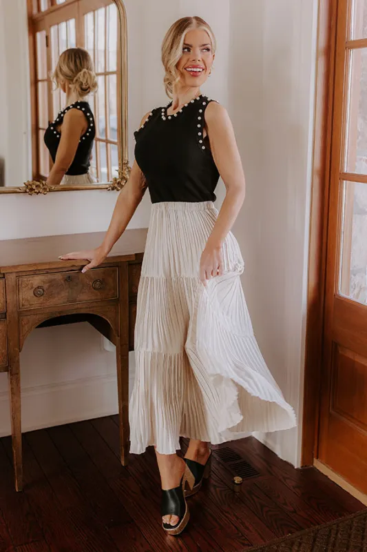 Manhattan Skyline High Waist Pleated Midi Skirt in French Vanilla sold by Impressions