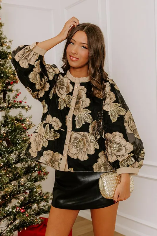 Bubbly Personality Floral Jacquard Peplum Top in Taupe sold by Impressions