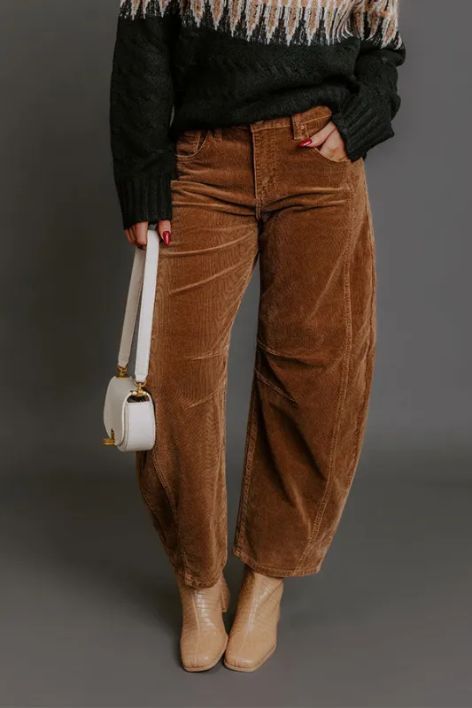 RISEN Cora High Waist Corduroy Barrel Leg Pants in Chocolate sold by Impressions